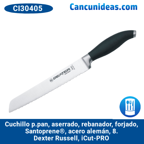 Cuchillo p/pan, aserrado, rebanador, forjado, Santoprene®, acero inox alemán, 8", Dexter Russell, iCut-PRO, CI30405 / 30405