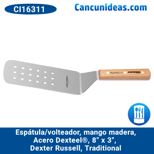 Espátula/volteador, mango madera, acero Dexteel®, 8" x 3", Dexter Russell, Traditional, CI16311 / P2386C-8